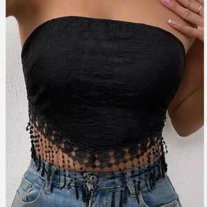 Jacquard Guipure Lace Fringe Hem Tie Back Crop Tube Top Black Size XS